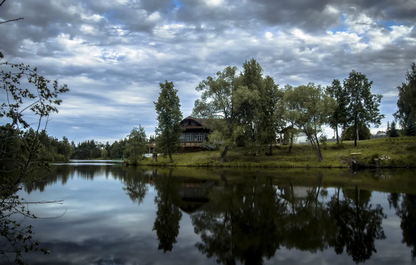 Photo wallpaper clouds, trees, reflection, river, home