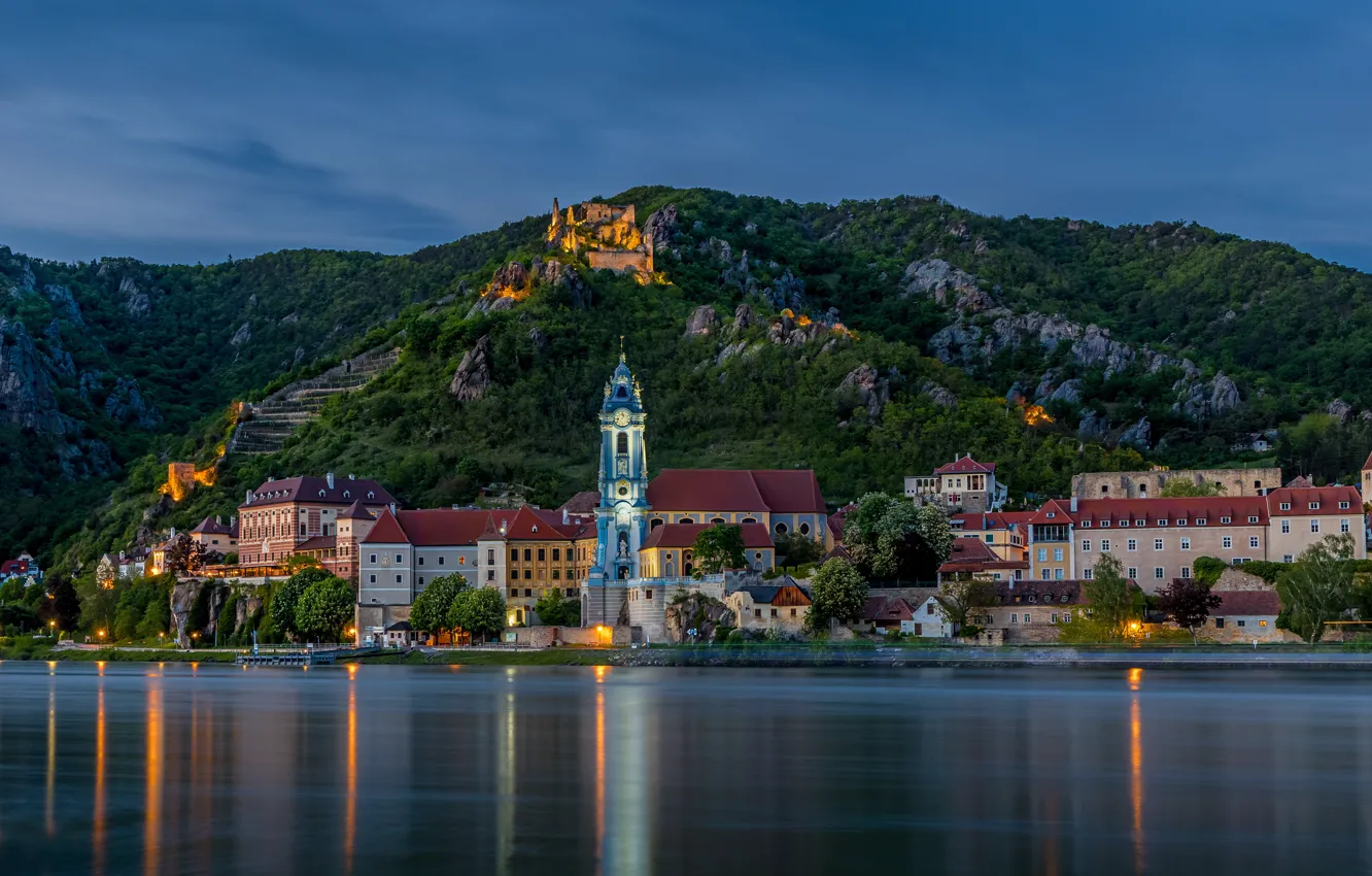 Photo wallpaper mountains, river, building, home, Austria, Austria, Danube River, Dürnstein