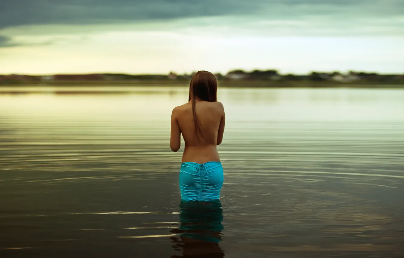Photo wallpaper Girl, Silence, Lake, Shore, Distant, Backside