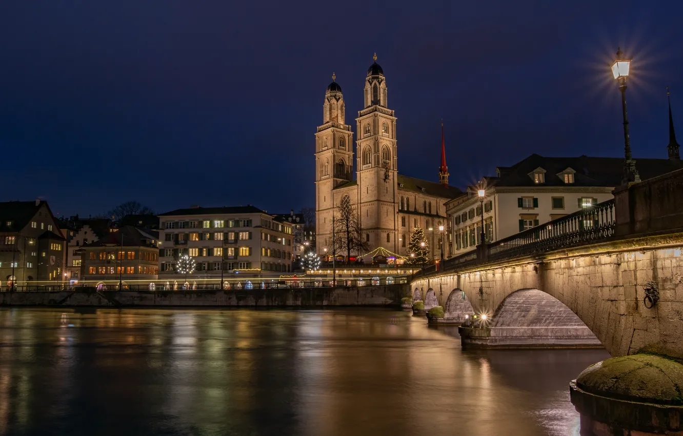 Photo wallpaper light, night, bridge, the city, lights, building, home, Switzerland