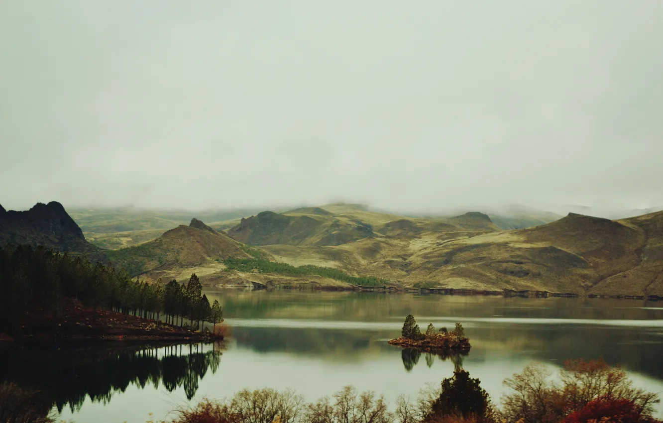 Photo wallpaper trees, mountains, fog, lake, island