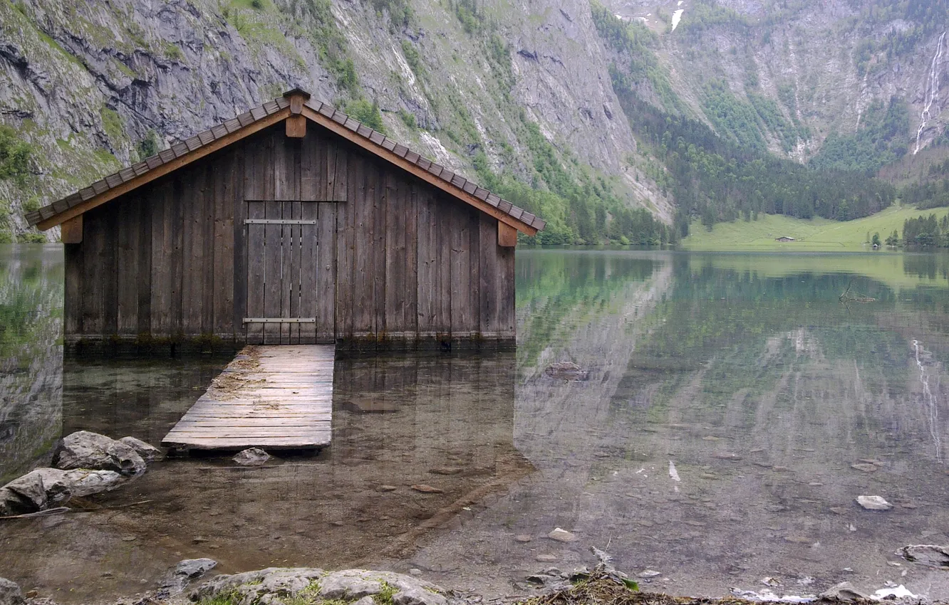Photo wallpaper lake, reflection, hut, boat hut