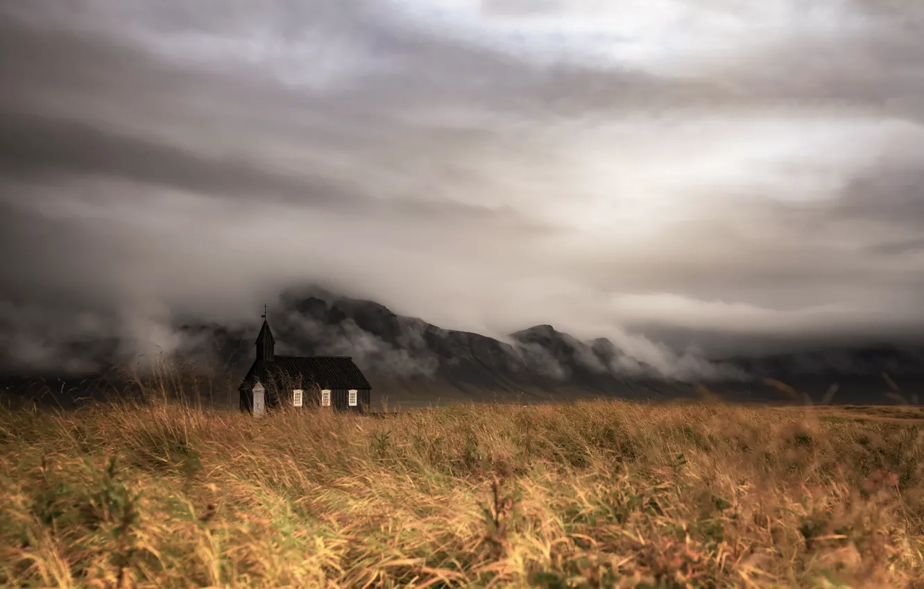 Photo wallpaper field, fog, temple, Iceland