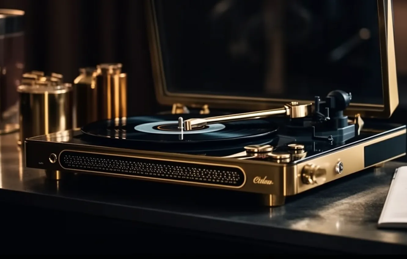 Photo wallpaper retro, music, table, vinyl, record, digital art, AI art, The Art of Artificial Intelligence