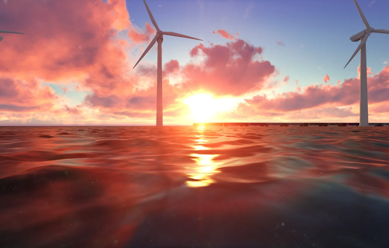 Photo wallpaper sea, sunset, windmills