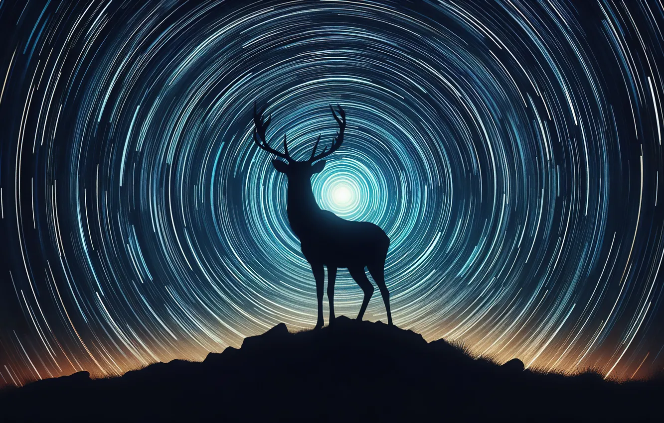 Photo wallpaper deer, silhouette, the night sky