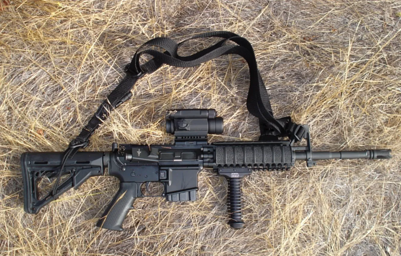 Photo wallpaper grass, weapons, gun, strap, ar15