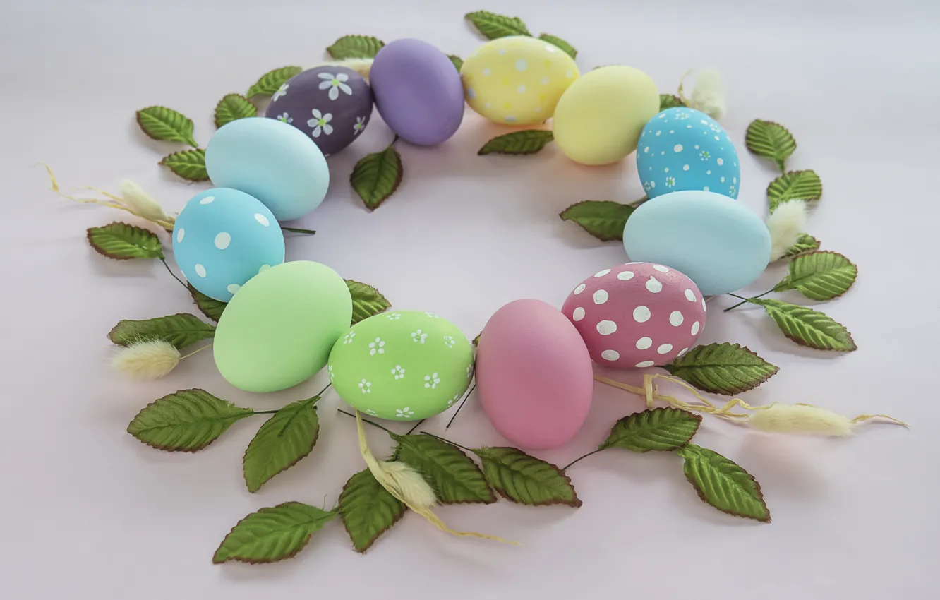 Photo wallpaper leaves, holiday, eggs, spring, Easter, light background, colorful, painted