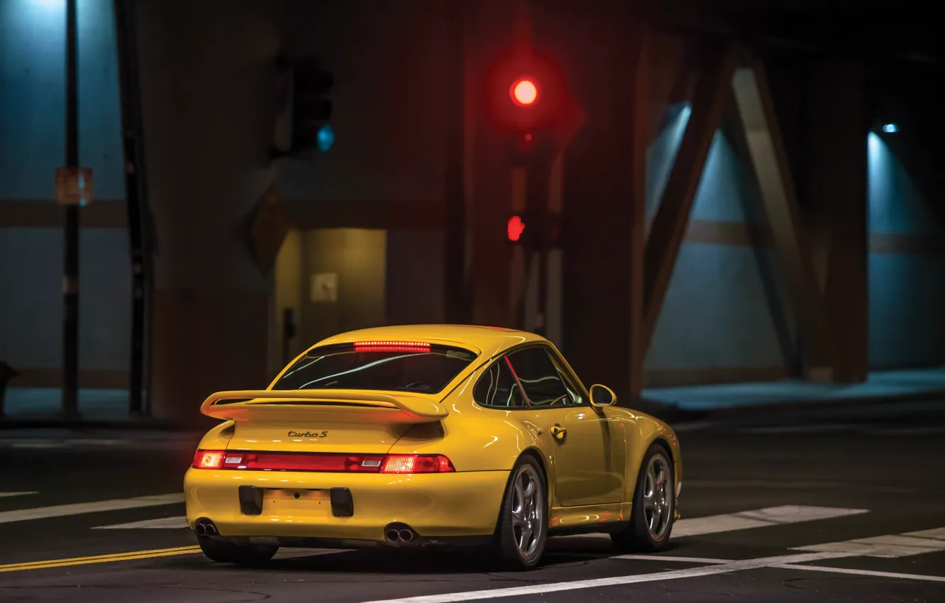 Photo wallpaper 911, Porsche, yellow, Porsche 911 Turbo S, rear view