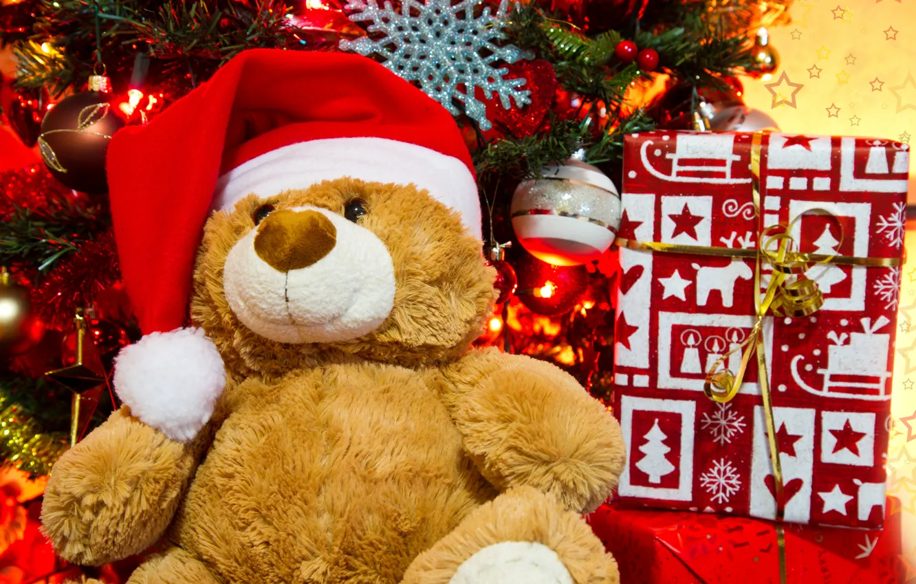 Photo wallpaper holiday, toys, new year, Christmas, bear, gifts, tree, christmas