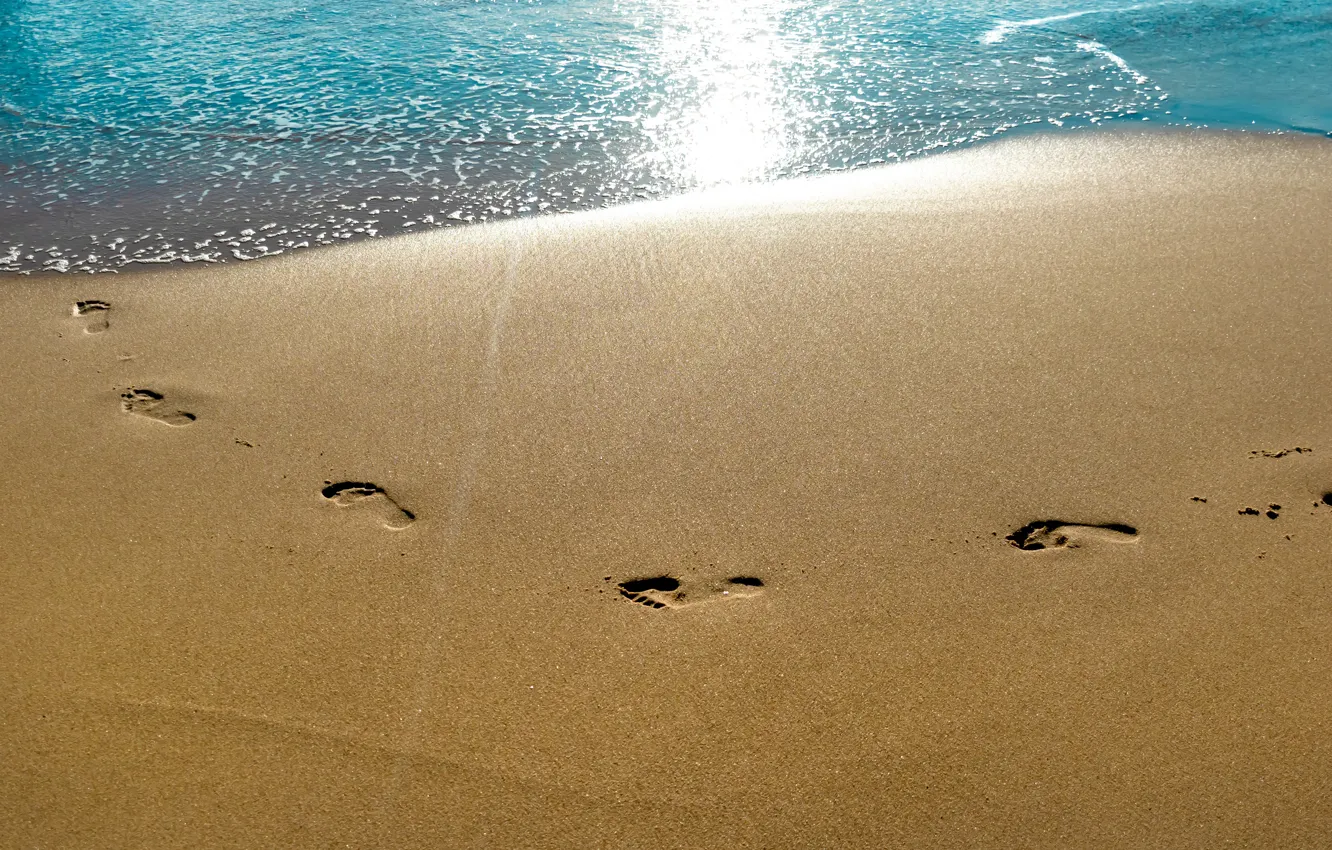Photo wallpaper sand, sea, beach, the sun, rays, light, traces, stay