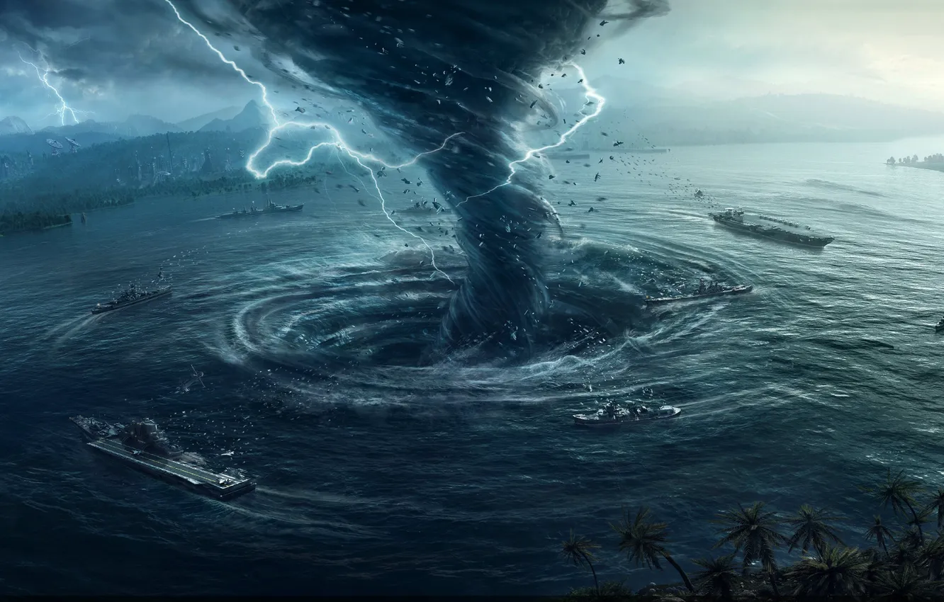 Photo wallpaper Warship, Tornado, military vehicle, ship, water, digital art