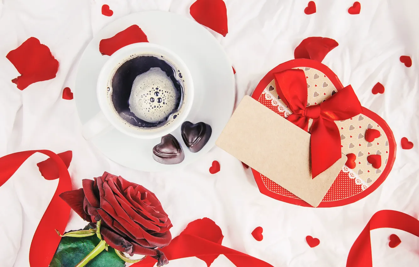 Photo wallpaper flowers, red, gift, roses, bouquet, hearts, red, love