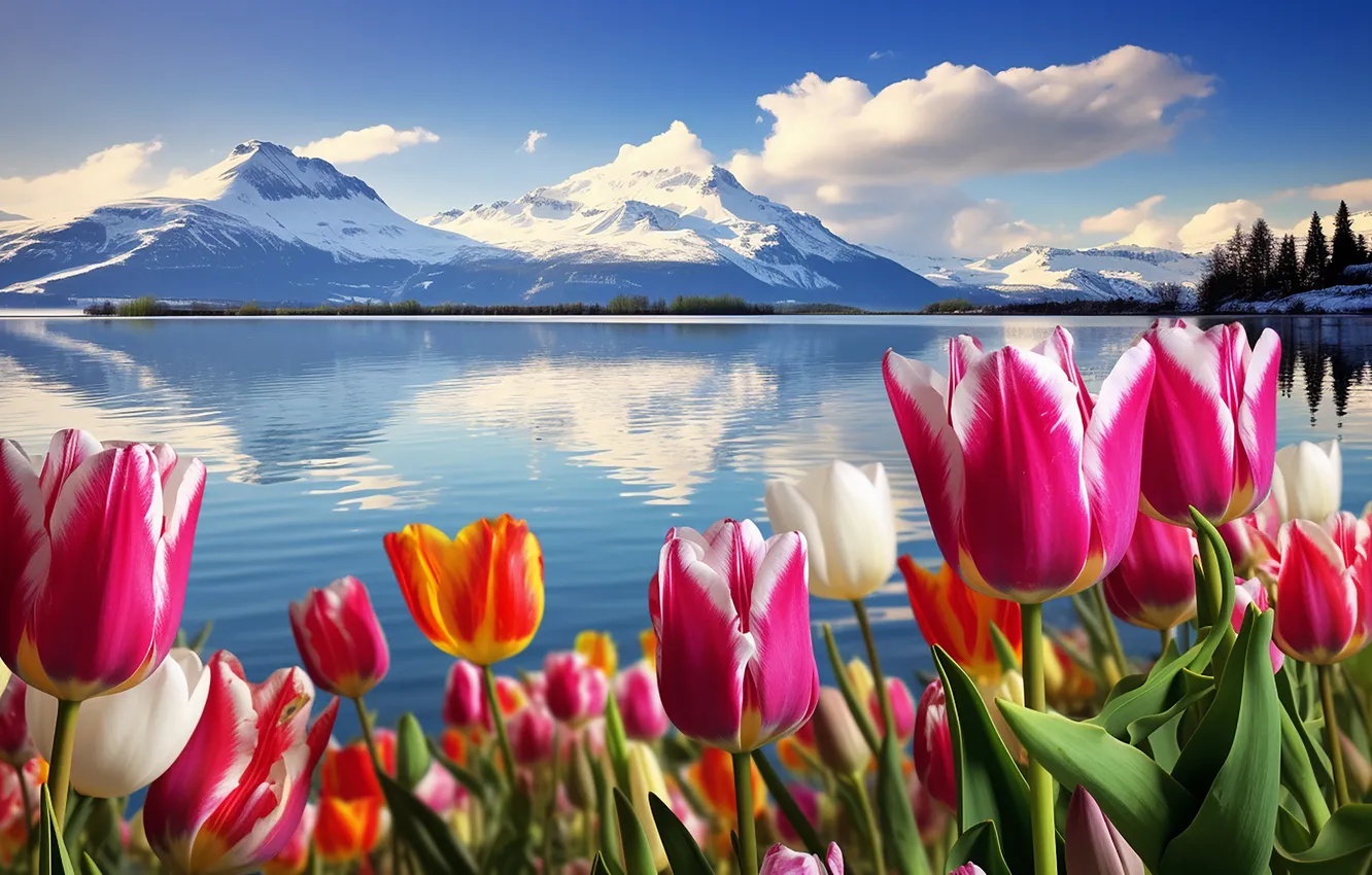 Photo wallpaper flowers, spring, colorful, tulips, red, sunshine, landscape, nature