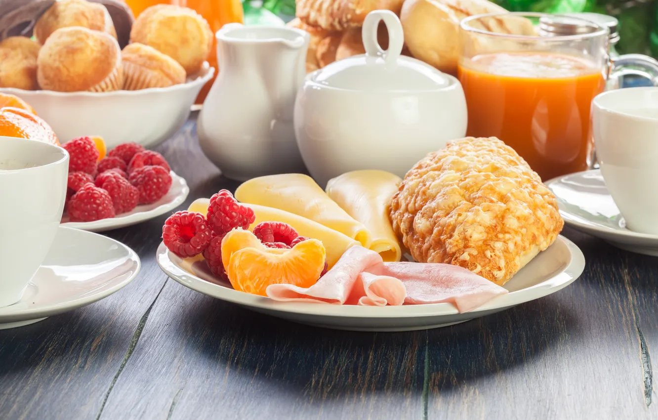 Photo wallpaper berries, Breakfast, cheese, juice, fruit, cupcakes, bun