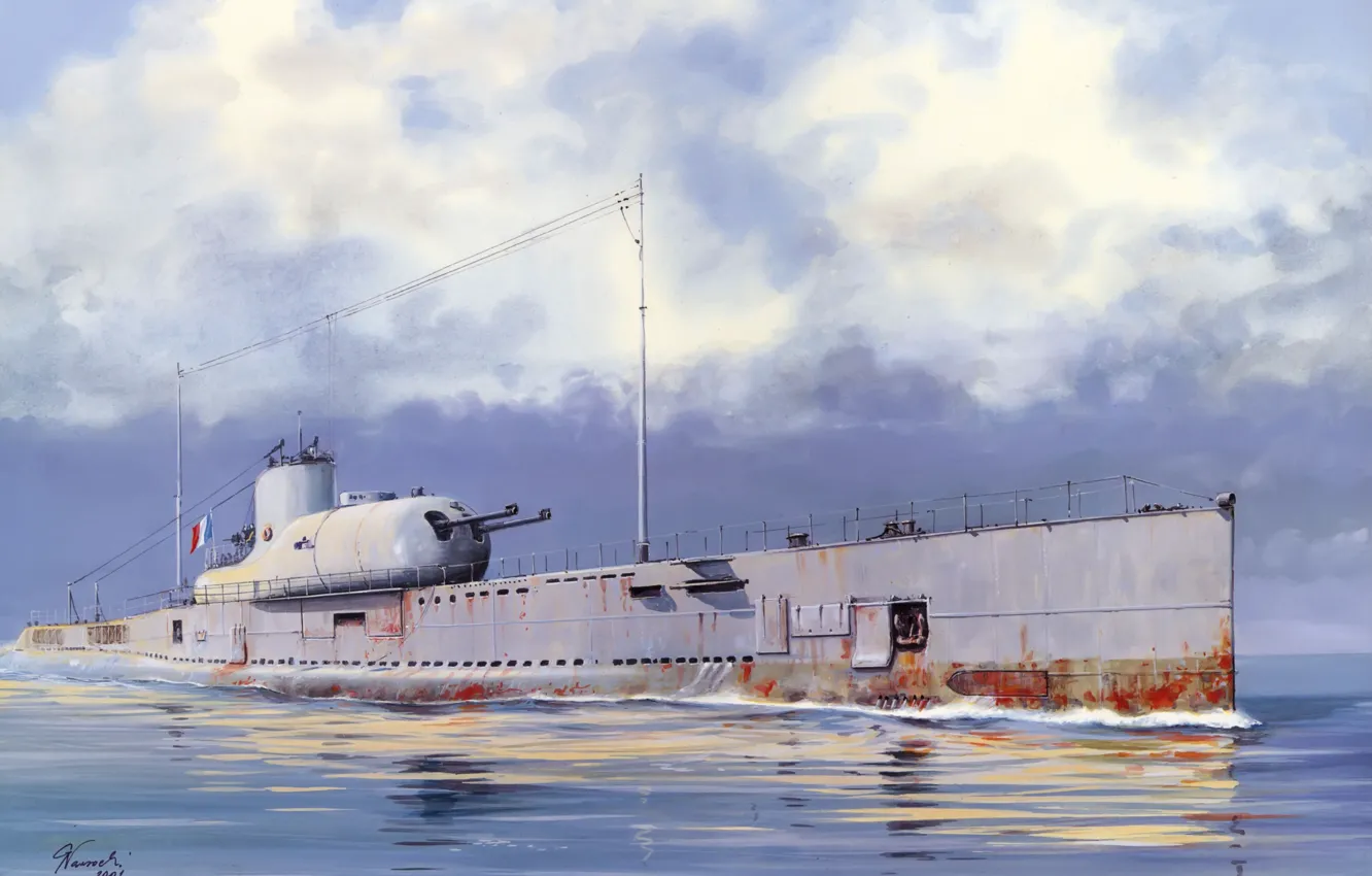 Photo wallpaper water, boat, figure, art, underwater, The second world war, submarine, French