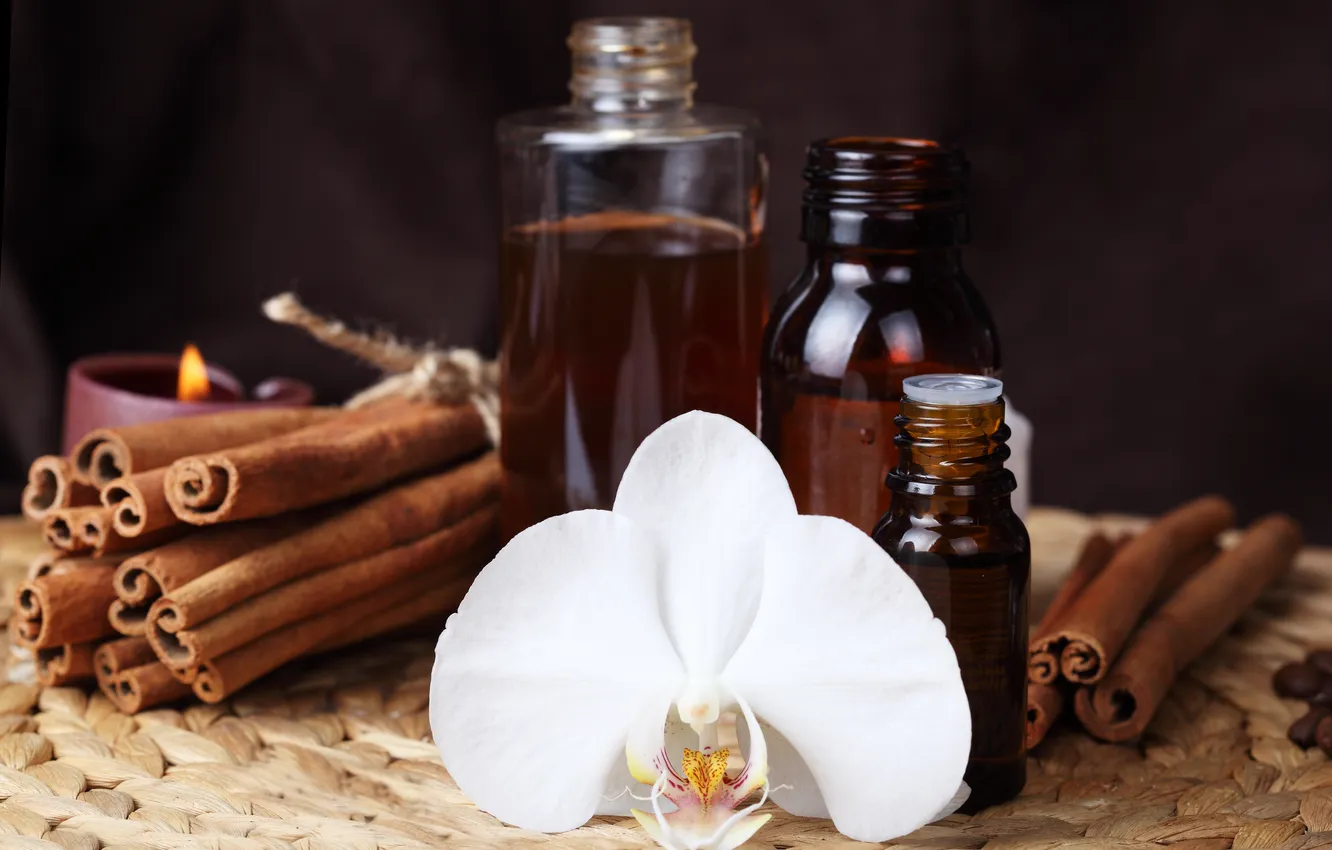 Photo wallpaper flowers, oil, candles, cinnamon, Orchid, bottle