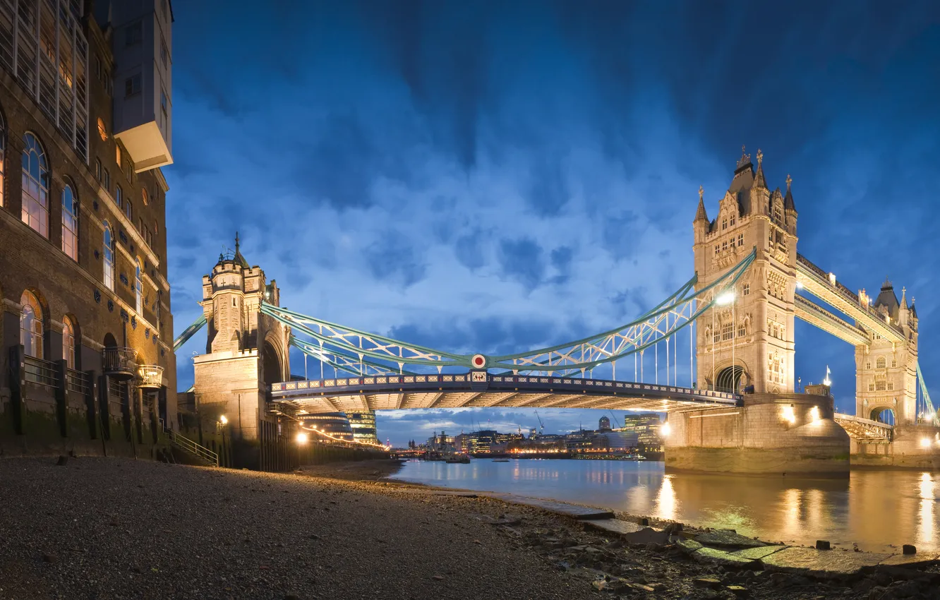 Photo wallpaper sand, the sky, landscape, night, bridge, city, the city, lights