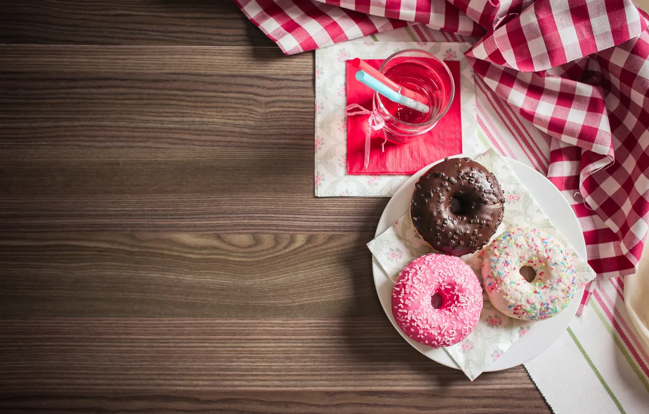 Photo wallpaper glass, table, plate, sweets, donuts, napkin