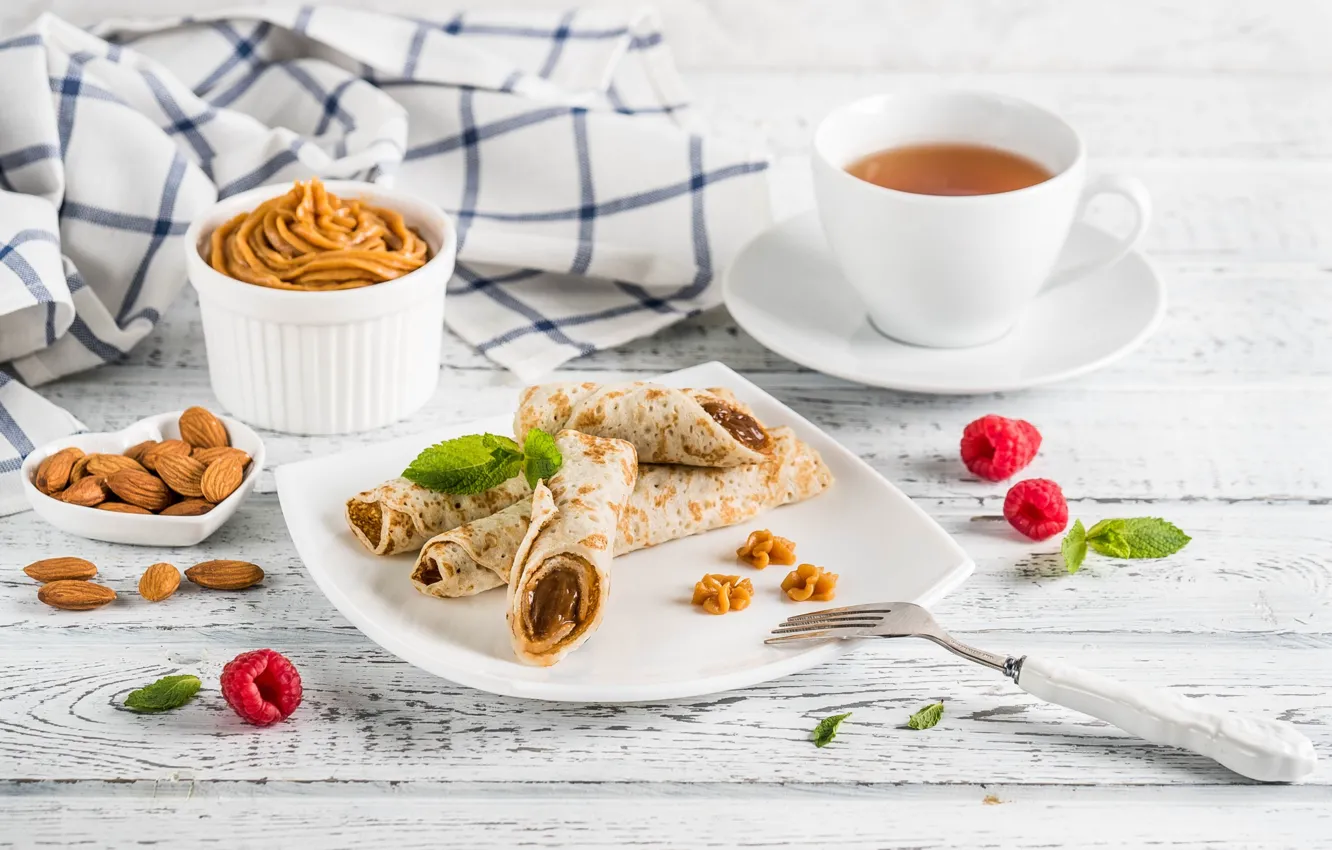 Photo wallpaper raspberry, tea, nuts, pancakes