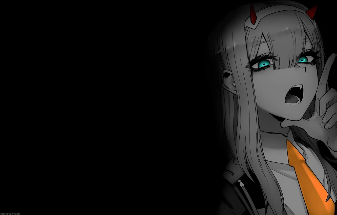 Photo wallpaper girl, anime, hands, tie, black background, the conversation, gesture, open mouth