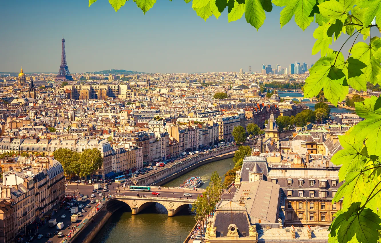 Photo wallpaper leaves, branches, river, France, Paris, home, Eiffel tower, bridges