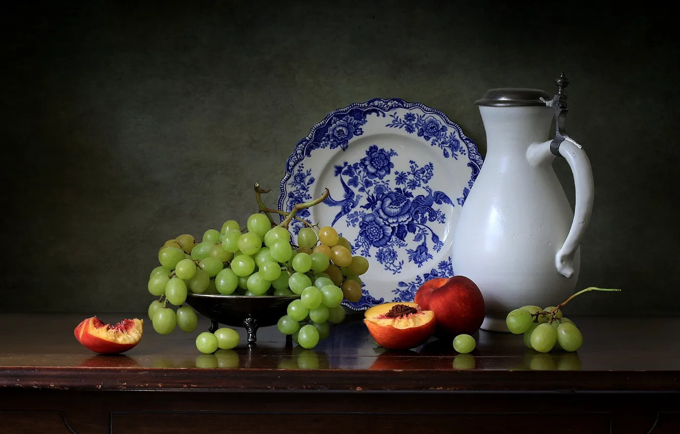 Photo wallpaper style, background, plate, grapes, pitcher, fruit, still life, peaches