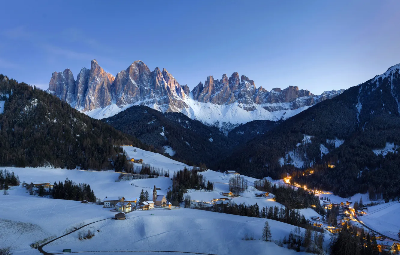 Photo wallpaper village, Italy, snowy mountains, Italy, village, Snow mountains, The Dolomites, Dolomites