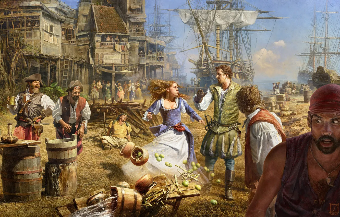 Photo wallpaper ship, the situation, Bay, sailors, gentle ladies