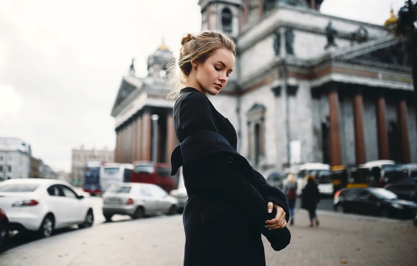 Photo wallpaper machine, girl, building, portrait, makeup, hairstyle, beautiful, coat