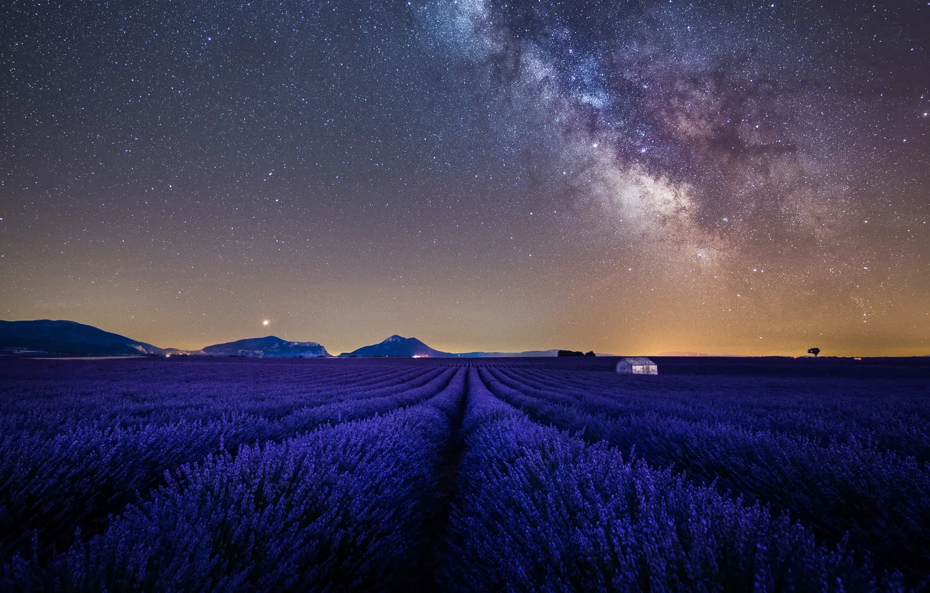 Photo wallpaper summer, the sky, stars, mountains, night, dal, house, the milky way