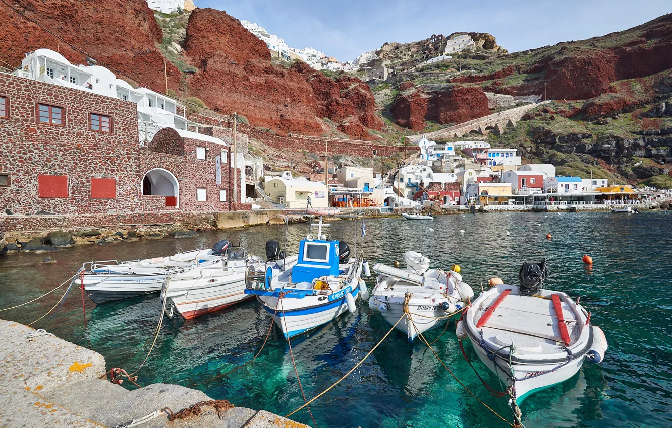 Photo wallpaper coast, home, Bay, boats, Santorini, Greece, pier, Santorini