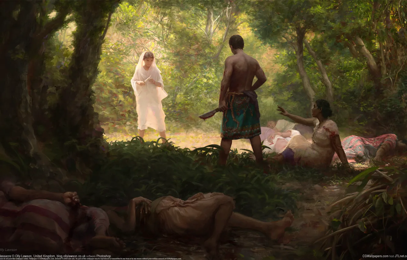 Photo wallpaper forest, girl, murder, guy, blade, CG wallpapers, Massacre, Olly Lawson