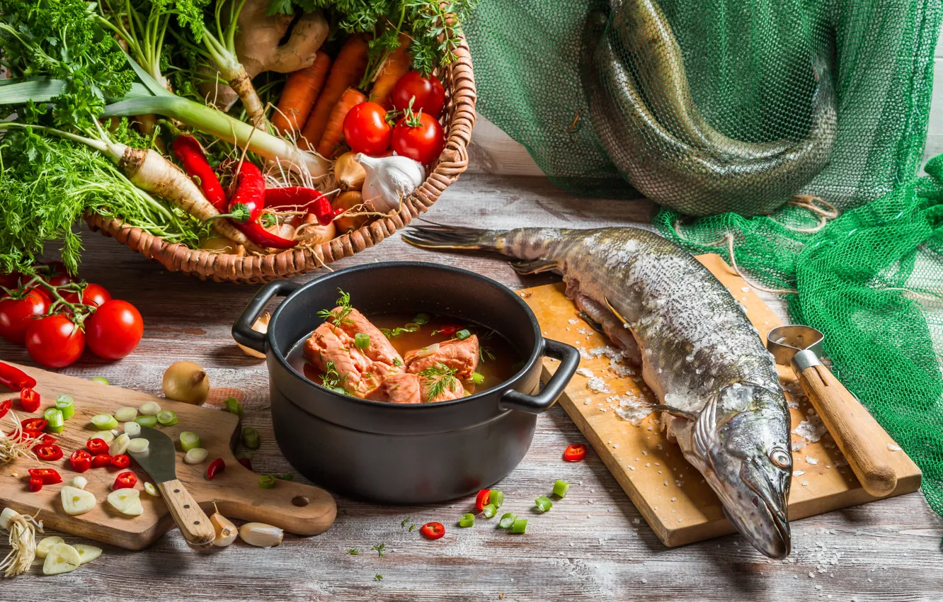 Photo wallpaper fish, vegetables, ear, pike, the first dish