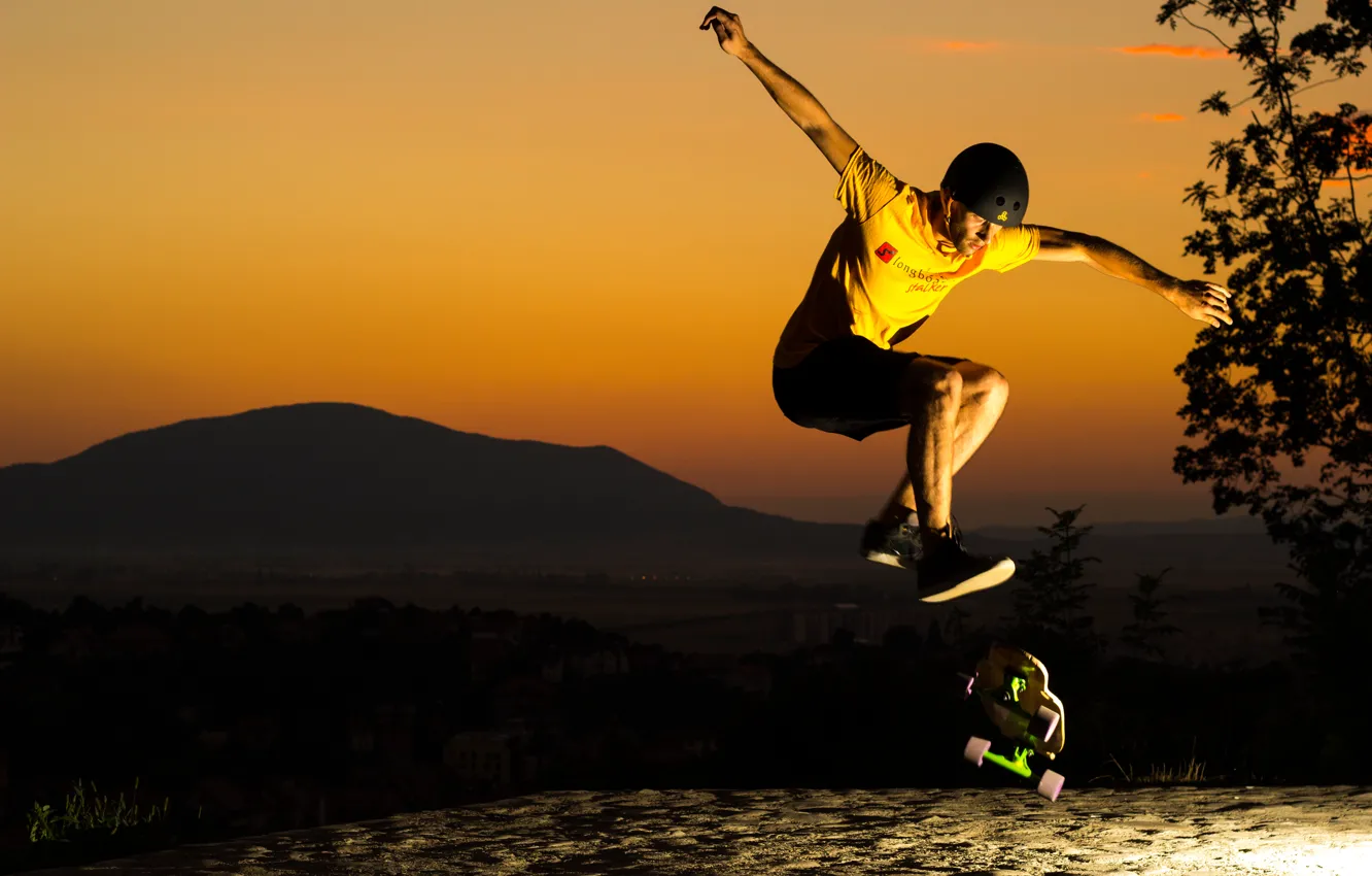 Photo wallpaper sunset, jump, helmet, guy, skate
