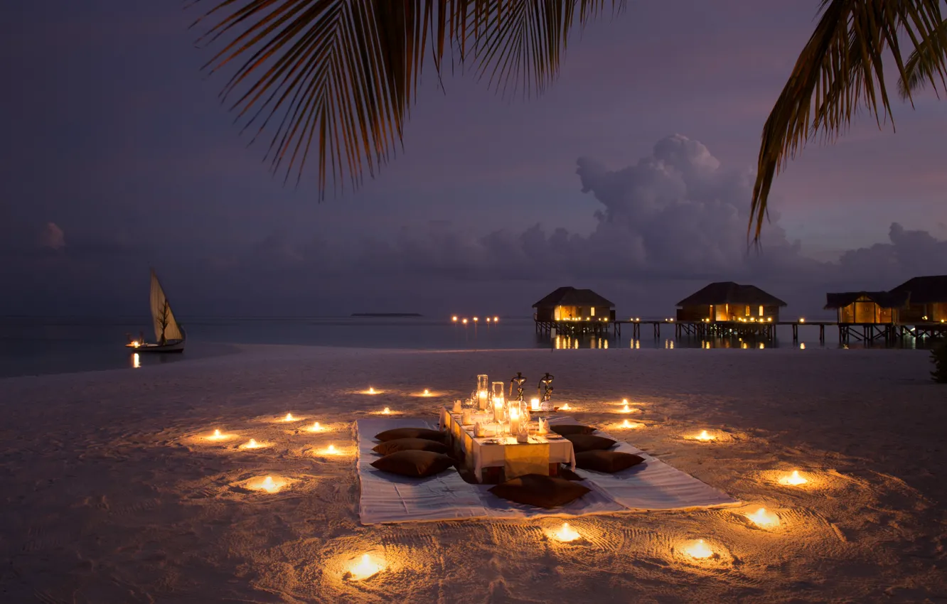 Photo wallpaper beach, the ocean, romance, boat, the evening, candles, dinner, Bungalow