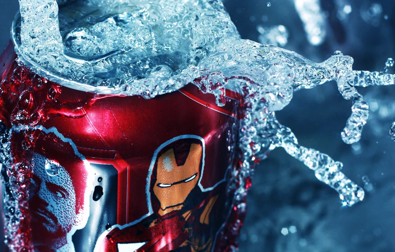Photo wallpaper water, squirt, Bank, red, Iron Man, tin