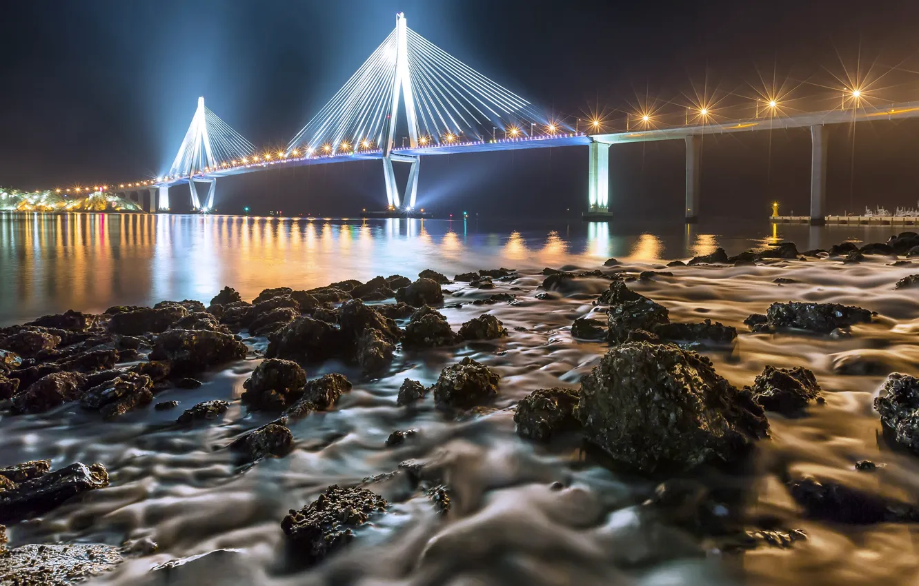 Photo wallpaper night, bridge, lights, river, stones, shore, England, lights