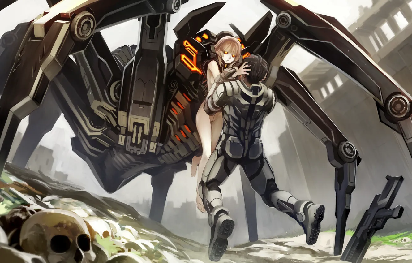 Photo wallpaper girl, robot, anime, art, skull, guy, kriss sison