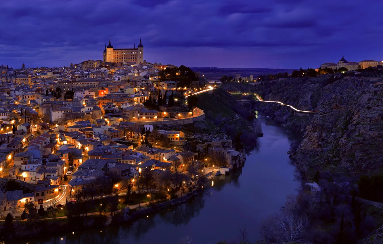 Photo wallpaper night, the city, lights, Spain, Toledo, the river Tagus