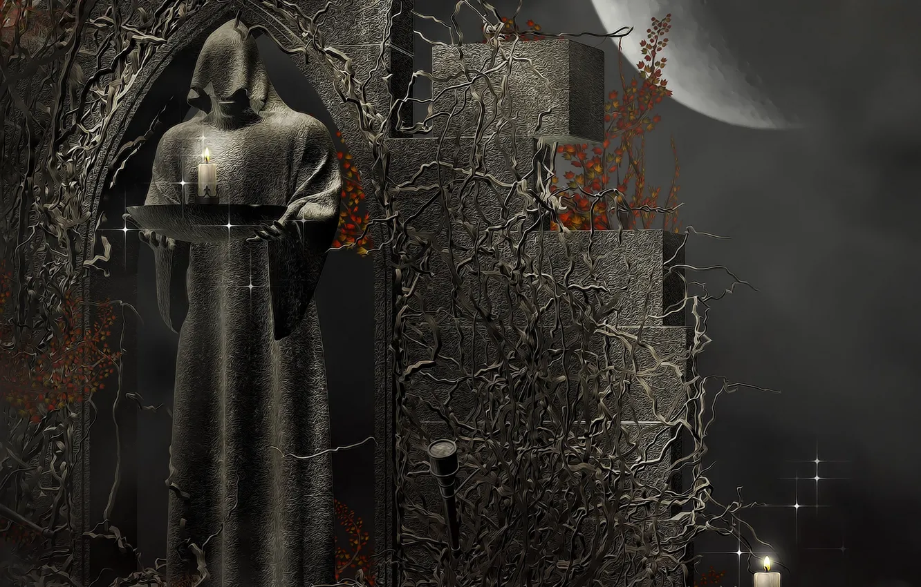 Photo wallpaper death, rendering, patterns, stone, candles, The moon, figure, fantasy