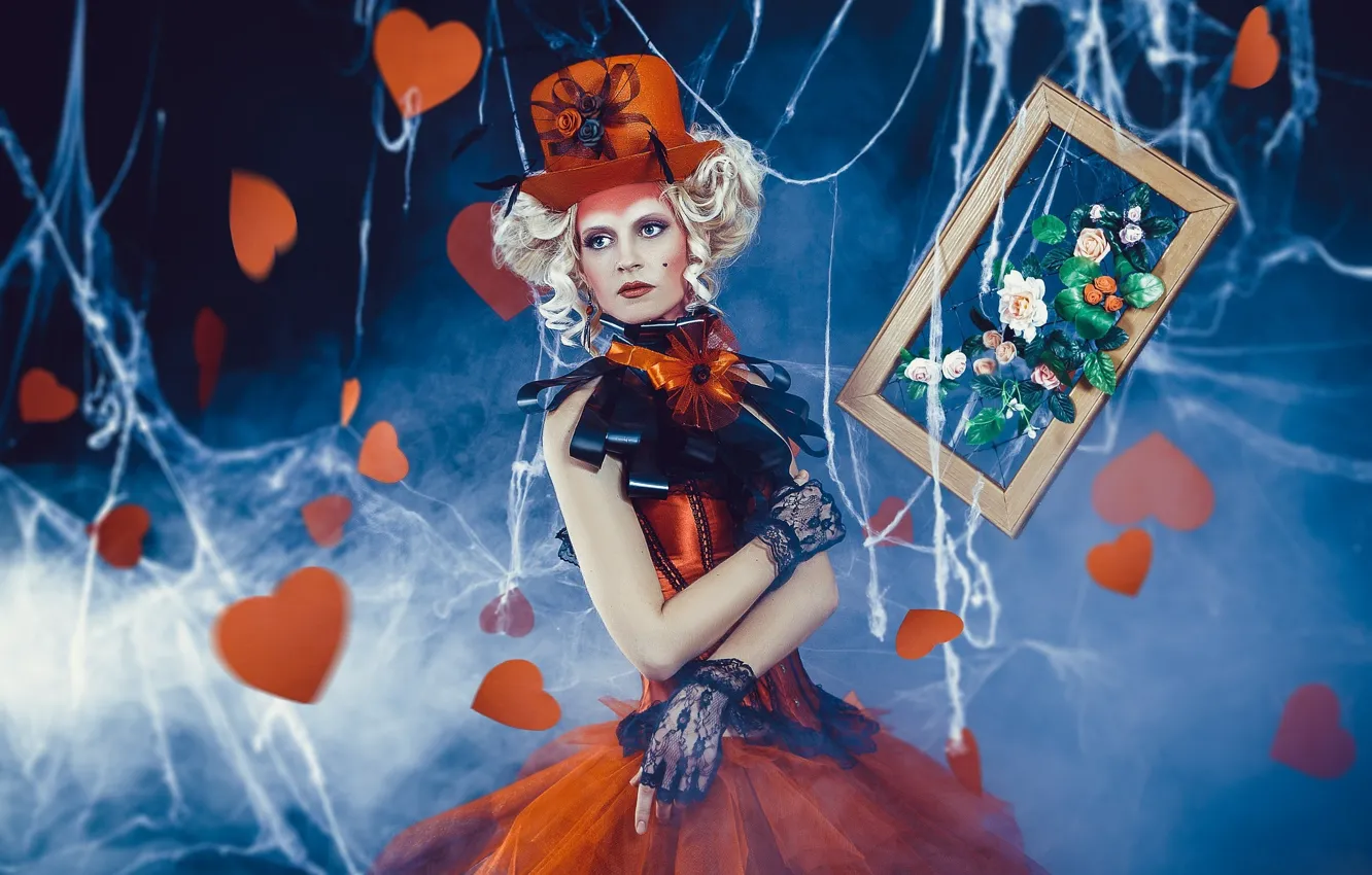 Photo wallpaper girl, flowers, web, picture, hat, frame, dress, blonde