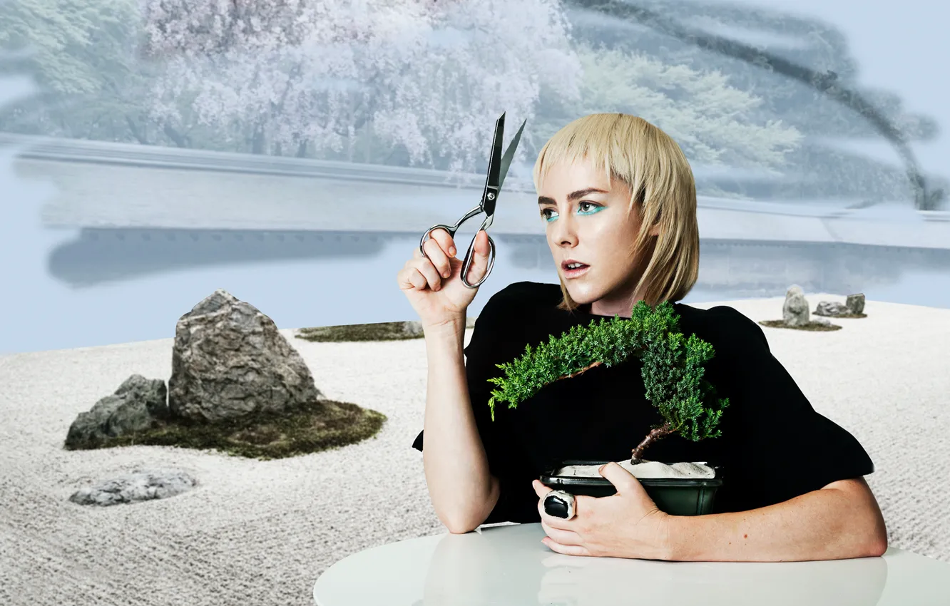 Photo wallpaper table, background, plant, makeup, actress, hairstyle, blonde, scissors