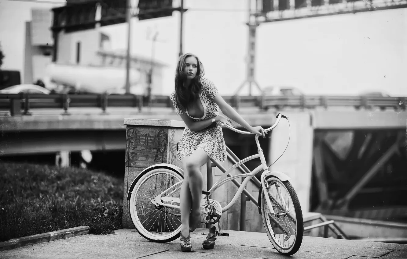 Photo wallpaper girl, bike, scratches, retro style, Karen Abramyan