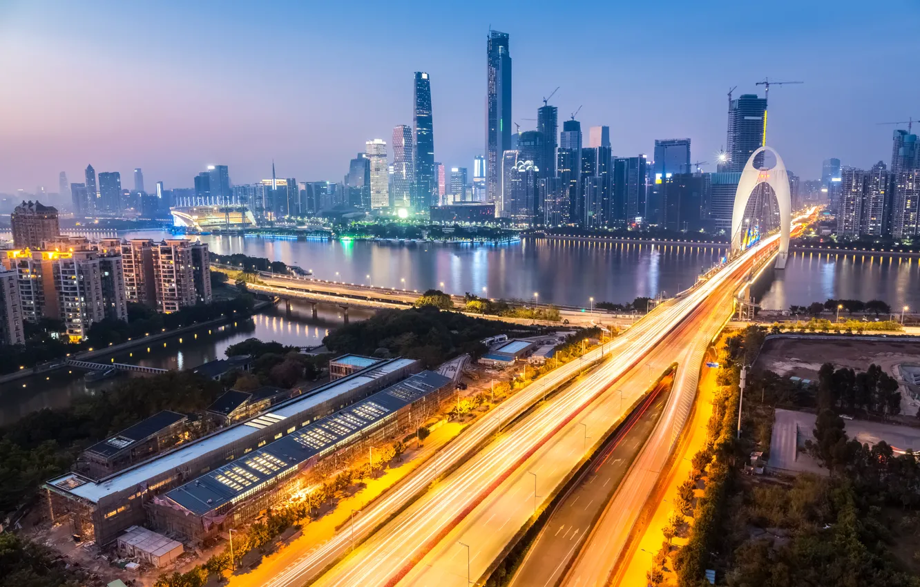 Photo wallpaper road, lights, river, home, the evening, China, bridges, megapolis