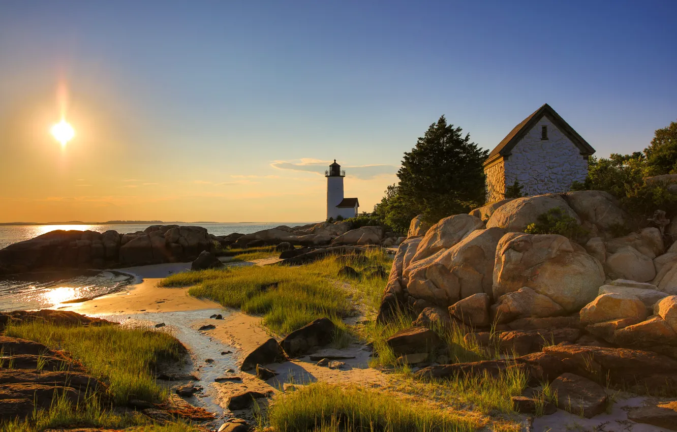 Photo wallpaper sea, stones, shore, lighthouse, house
