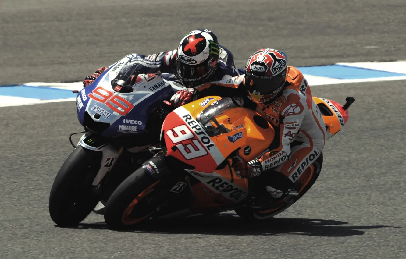 Photo wallpaper motorcycle, MotoGP, Honda, Yamaha, Spain, Jorge Lorenzo, Marc Marquez