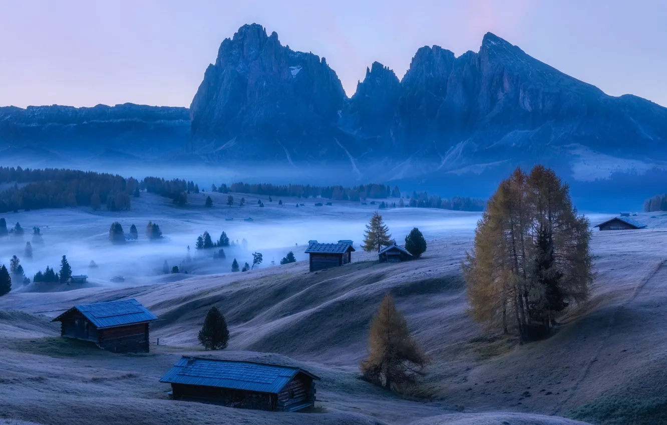 Photo wallpaper mountains, night, fog, Alps, house, early in the morning