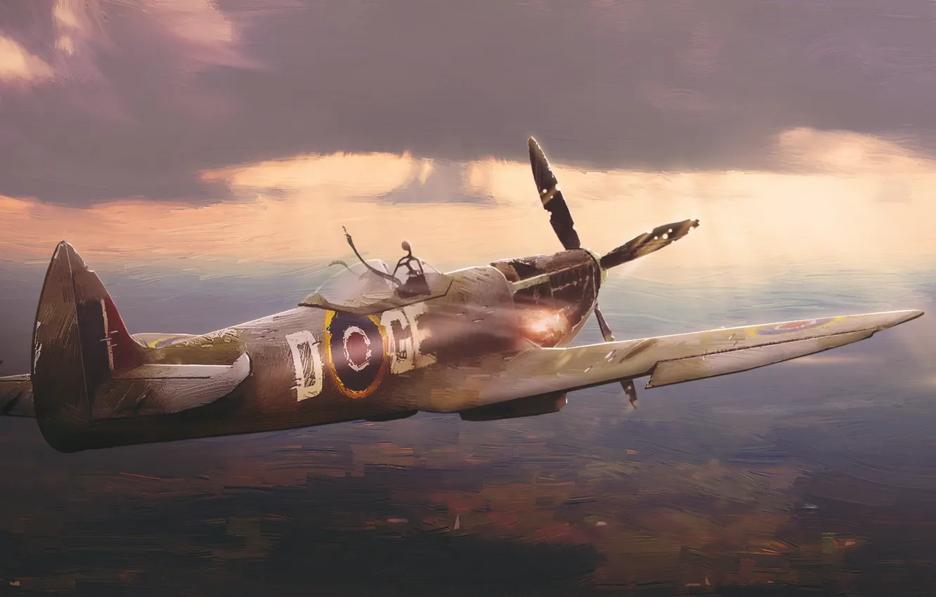 Photo wallpaper flight, figure, England, fighter, art, the plane, Spitfire, Illustration
