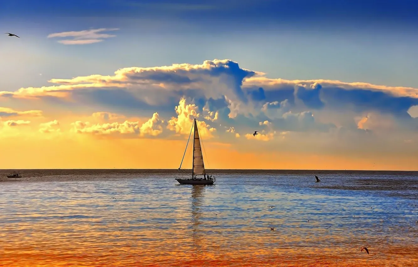 Photo wallpaper sea, boat, the evening, sail